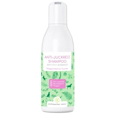 Afbeelding van Wolfsbacher Natur Hondenshampoo tegen jeuk, kalmeert jeukende en wondhuid, op plantaardige basis, hydraterende shampoo voor honden, bij mijten, grasmijten, roos hondenconditioner