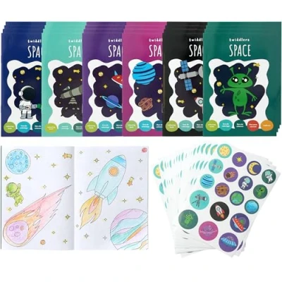 Afbeelding van THE TWIDDLERS 24 mini kleurboeken voor feesttassen, met stickers ruimtethema, A6 boeken kinderen van 4 8 jaar, perfecte kleine feesttasvullers