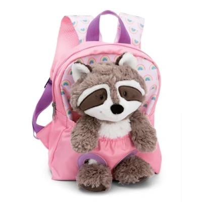 Afbeelding van NICI kinderrugzak roze 2 in 1 met knuffel wasbeer 25cm Kleuterrugzak meisjes &amp; jongens Zacht rugpand verstelbare riemen 49845