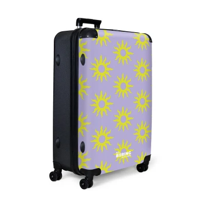 Afbeelding van NoBoringSuitcases.com® Koffer groot Reiskoffer lichtgewicht Paars met gele zonnen Rolkoffer 4 wielen Grote trolley XL 98 liter bagage