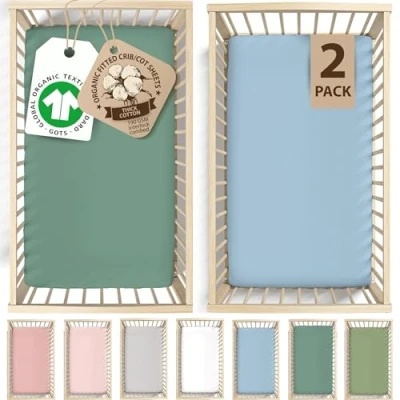Afbeelding van Bunnyjik GOTS Organic 2 x Ruimtebesparend Hoeslaken (Blauw + Salie Groen, 100 52 cm Ruimtebesparend)