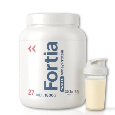 Afbeelding van FORTIA Whey proteïne, bevat een shaker, eenvoudige spijsvertering, eiwitten voor spieropbouw, wei spierherstel en vanille proteïne