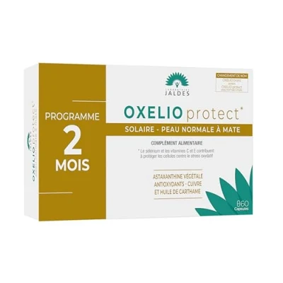 Afbeelding van OXELIO Protect normale matte huid, 60 capsules, tot bereidt de huid voor op zon, verbetert bruining, laboratorium Jaldes