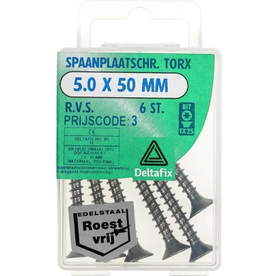 Afbeelding van Deltafix spaanplaatschroef platkop / torx r.v.s. a2 5.0 x 50 mm 6 st.