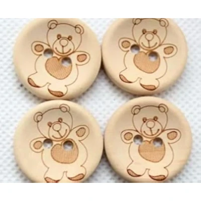 Afbeelding van 12 prachtige houten knopen, rond, naturel, met teddy print, 25 mm, 2 gaten om op te naaien, doe het zelf handwerk, scrapbooking voor kinderkleding, jassen, mutsen, rompers