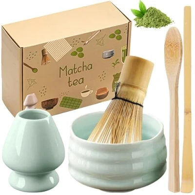 Afbeelding van matcha theeset, set met bezem, schaal van keramiek, bamboebezem, bezemhouder handgemaakte matcha, accessoires, cadeauset