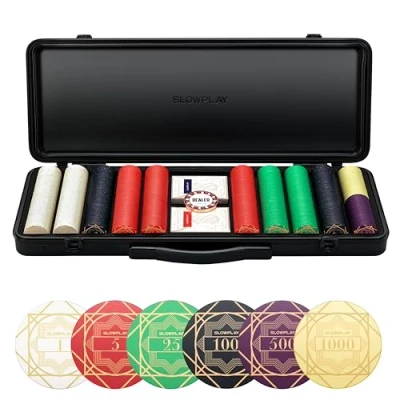 Afbeelding van SLOWPLAY Nash Keramische Pokerfiches Set voor Texas Hold&#039;em 500 stuks [met waardes], 43 mm &amp; 12 g per fiche Inclusief luxe chipkoffer met extra duurzame Duitse polycarbonaat behuizing