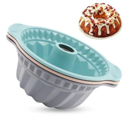 Afbeelding van TOKSEO siliconen tulbandvorm, 3 stuks, diameter 22 cm, taartvorm, anti aanbaklaag, herbruikbare bakvorm voor tulband (grijs, blauw, roze)