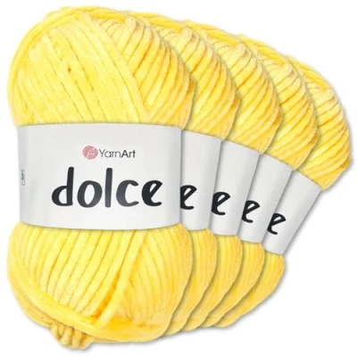 Afbeelding van Frida&#039;s Wollhaus YarnArt 5 x 100 g Dolce chenille wol, breigaren, haakwerk, amigurumi, 52 kleuren (761, zonnegeel)
