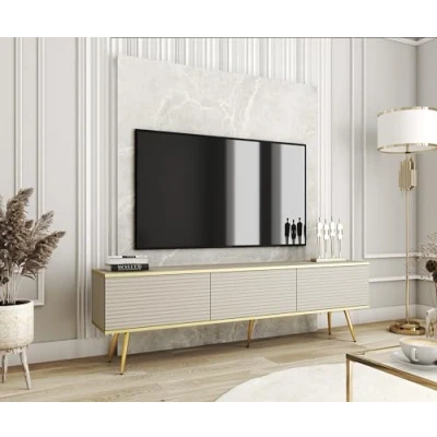 Afbeelding van 3E 3xE living.com tv kast met lamellen in beige kleur poten zwart, D: L: 175 cm, H: 32 woonkamermeubels, Tele, tafel