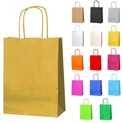Afbeelding van Thepaperbagstore 10 Kleine Papieren Zakjes Voor Feestjes, Zoetwaren En Geschenken Met Gedraaide Handvatten Goud 180x220x80mm