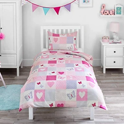 Afbeelding van Bloomsbury Mill Beddengoed voor kinderen patchwork harten en vlinders roze lila dekbedovertrek 135 x 200 cm + kussensloop eenpersoonsbed
