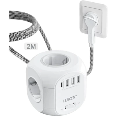 Afbeelding van LENCENT 4 Voudige Stekkerdoos Cube met Platte Stekker, 8 in 1 Stopcontact 3 USB en Type C, 2M Gevlochten Kabel Power Strip, 4000W Meervoudige Verlengsnoer Schakelaar, Thuis Verdeelstekker