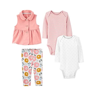 Afbeelding van Simple Joys by Carter&#039;s baby meisjes 4 delige bodysuit en vest set, Roze/Streep/Witte Stippen/Bloemen, 18 maanden