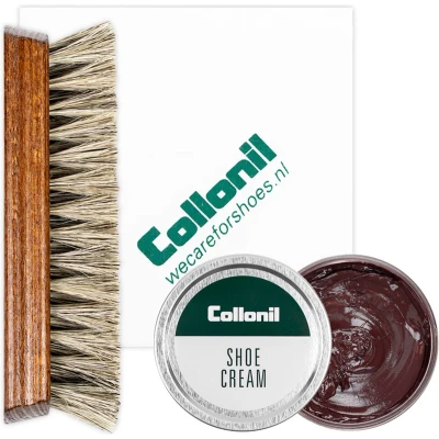 Afbeelding van Collonil Schoenpoets set 3 delig Shoe cream Poetsdoek Borstel Donker bruin Marron