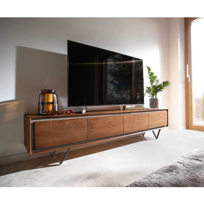 Afbeelding van Tv meubel Stonegrace acacia bruin steenfineer 200 cm 4 deuren V poot zwart