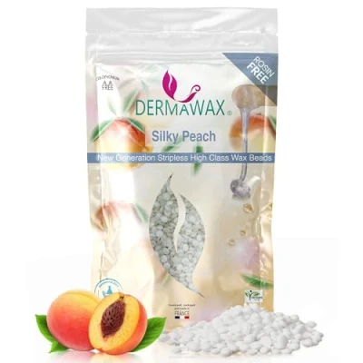 Afbeelding van Dermawax Silky Peach Hypoallergene waxparels voor ontharing, wenkbrauwen, gezicht, intieme bikinizone, oksels, damesbaard, ontharing zonder vliesstrepen, geschikt alle huidtypes, veganistisch
