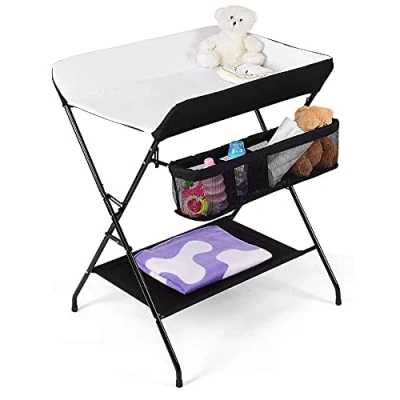 Afbeelding van baby verschoontafel, Inklapbare Verschoontafel Opvouwbaar en Draagbaar, Mobiele Commode met Aankleedkussen, Veiligheidsgordel Opbergvakken 79 * 55.5 96 cm (zwart wit)