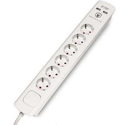 Afbeelding van FeinTech MD000632 stekkerdoos met USB en platte stekker, 6 voudige meervoudige schakelaar, overspanningsbeveiliging 1,5 m kabel,