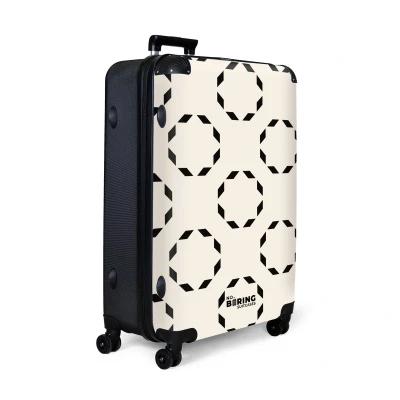 Afbeelding van NoBoringSuitcases.com® Koffer groot Reiskoffer lichtgewicht Beige met zwarte cirkels Rolkoffer 4 wielen Grote trolley XL 98 liter bagage