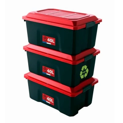 Afbeelding van SUNDIS LOCKER, set van 3 40L kunststof opbergboxen, verstevigd, met clip on deksel, stapelbaar, ideaal voor werkplaatsen, transport, garages en doe het zelf