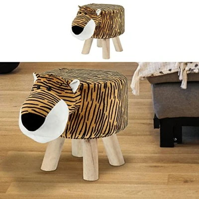 Afbeelding van Cepewa Kinderkruk dierenmotief tijger H 30 cm pluche grenenhout stoel voor kinderkamer (1 x kruk tijger)