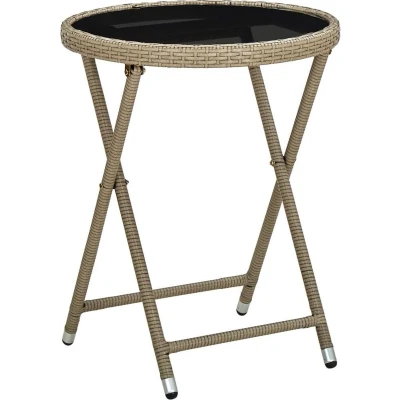 Afbeelding van Salontafel 60 cm poly rattan en gehard glas beige