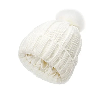 Afbeelding van TOEECY Wintermutsen voor dames, warme gebreide hoed met bontpompon, zachte dikke satijnen gevoerde pet, beschermt je kapsel modieus, comfortabel, slouchy bobble beanie, Wit, one size