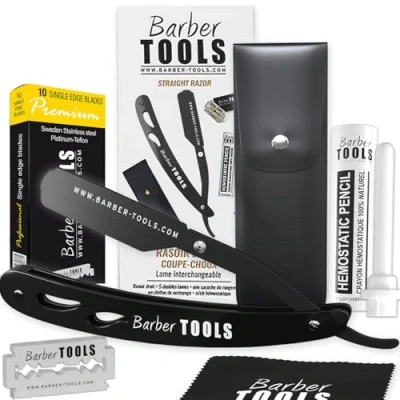 Afbeelding van Scheermes voor heren, scheerapparaat scheerapparaat, baardscheerapparaat met aluinstick, polijstdoek, opbergtas, scheermesje (kappersscheermes) zwart BARBER TOOLS