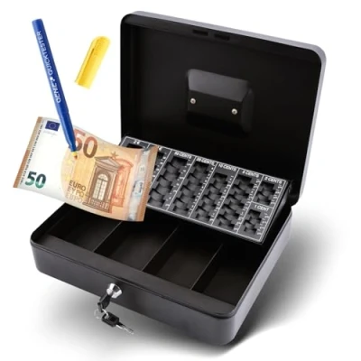 Afbeelding van Olympia 6031 CB 770 Plus geldcassette inclusief GENIE valsgeldtester (van gepoedercoat staal, intrekbare handgreep, met munttelplank, veiligheidscilinderslot, 30 x 24 9 cm), zwart