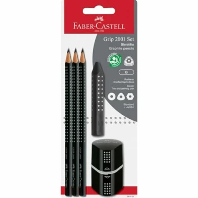 Afbeelding van Faber Castell 580024 Grip 2001 potlodenset, 5 delig met 3 potloden, gum en puntenslijper, zwart