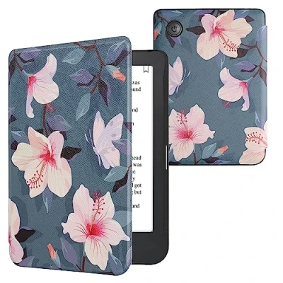 Afbeelding van kwmobile E reader hoesje geschikt voor Kobo Clara 2E hoes flip case met magnetische sluiting Ereader cover Fuchsia bloemen design in wit / poederroze paars