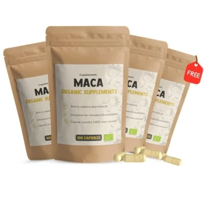 Afbeelding van Cupplement 4 Zakken Maca 100 Capsules Inclusief Pillendoos Biologisch 500 MG Per Capsule Supplement Root Superfood Pure Geen Poeder, Pillen, Arginine, Tabletten, Extract of Zwarte Wortel Peru Rode