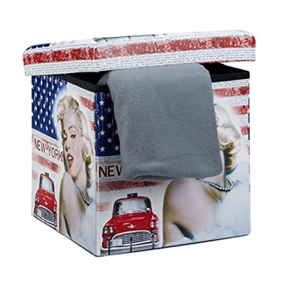 Afbeelding van Relaxdays opvouwbare poef met opbergruimte vierkante hocker print krukje kunstleer New York Merilyn