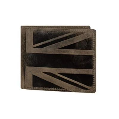 Afbeelding van Hudson &amp; James Designer Londen Real Distressed Lederen Mens Portemonnee met Zip Coin Pocket Creditcard Houder Bifold Purse UK Union Jack, donkerbruin, M, Casual