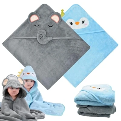 Afbeelding van FZSECRIU 2 stuks 80 x cm capuchonhanddoek baby, babyhanddoek met capuchon, washandjes babywashandjes, babycadeau jongens, babyspullen