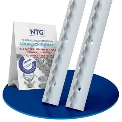 Afbeelding van NTG 2 x m aluminium airline rail, halfronde vorm met gaten fittingen startset, ladingbeveiliging voor vrachtwagens en campers, geboorde sjorrail, zilver geanodiseerd