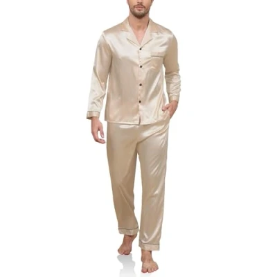 Afbeelding van Reliwel pyjama heren lange satijnen set tweedelige mouwen knoopsluiting huispak en pyjamabroek zijden nachtkleding mannen sleepwear loungewear