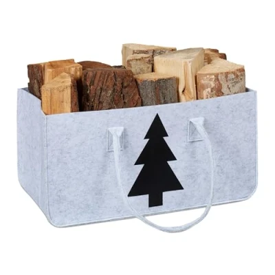 Afbeelding van Relaxdays houtmand vilt 28 liter met dennenboom grijs haardhout tas open haard
