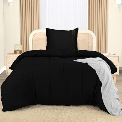 Afbeelding van Utopia Bedding Dekbedovertrekset Microvezel Polyester Dekbedovertrek 135x200 cm + 1 Geborduurde Kussensloop 80x80 Zwart