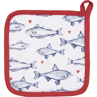 Afbeelding van Clayre &amp; Eef Pannenlap 20x20 cm Wit Blauw Katoen Vierkant Vissen Afgiet