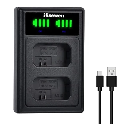 Afbeelding van NP FW50 NPFW50 acculader, Hisewen Dual oplader, compatibel met Sony ZV E10/A6000/A6100/A6300/A6400/A6500/A7 II/A7S/A7S II/A7R/A7R II/NEX 7/NEX 6 camera.