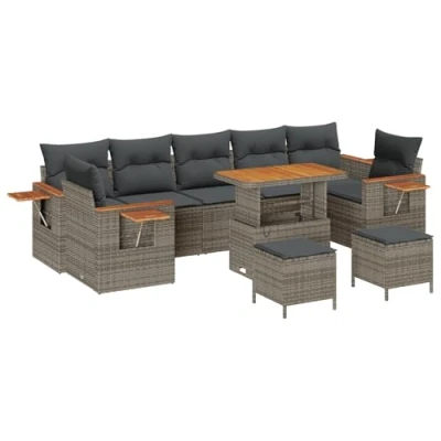 Afbeelding van vidaXL 10 Delige Tuin Sofa Set met Kussens Grijs Poly Rattan Acacia
