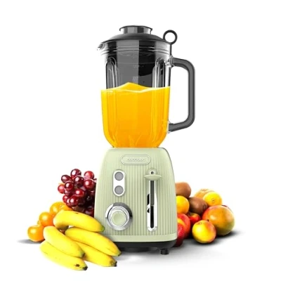 Afbeelding van Cecotec Blender Retro Power Black titanium RetroGreen Blender. Maximaal vermogen van 1200 W, 2 snelheden, 4 messen met zwarte coating en 1,5 liter tank, vintage design groen