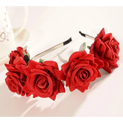 Afbeelding van CHSYOO Rode Hoofdband Rose Dames Bloem Meisje Tiara voor Bruid Bruidsmeisje Verjaardagsfeestje Kids Party