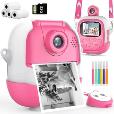 Afbeelding van Kindercamera, instant camera, digitale camera voor kinderen, 1080p met 4 rollen printpapier en 32G kaart, directe foto&#039;s, zwart wit, fotocamera 6 gekleurde pennen, cameracadeau