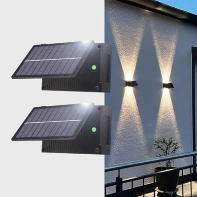 Afbeelding van JZCDR 2 stuks buitenwandlampen op zonne energie, verlichtingsmodi, buiten omhoog en omlaag, led wandlamp, voor buiten, waterdicht, zonnelampen, tuinverlichting, huis, warmwit