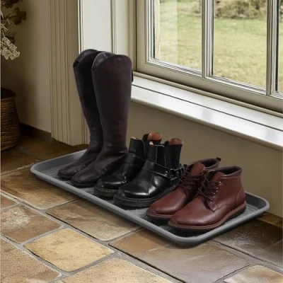 Afbeelding van Navaris 3x afdruipmat voor schoenen en laarzen Schoenenschaal in de hal Afdruipbak binnen buiten Set van 3 trays XL Grijs