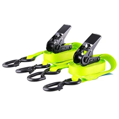 Afbeelding van Sandax Set van 2 spanbanden met ratel (PU gecoat), tweedelige sjorbanden, lengte 4 meter (4 m), breedte 25 mm, kleur neon geel, S haak zekering, tot 800 kg, ratelriemen volgens DIN EN 12195
