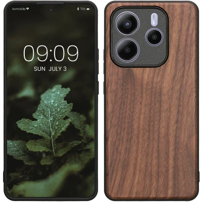 Afbeelding van kwmobile telefoonhoesje geschikt voor Xiaomi Redmi Note 14 5G Hoesje met bumper in donkerbruin Backcover walnoothout
